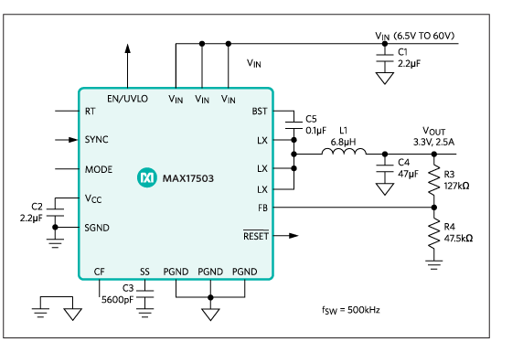 MAX17503应用电路，开关频率为500kHz
